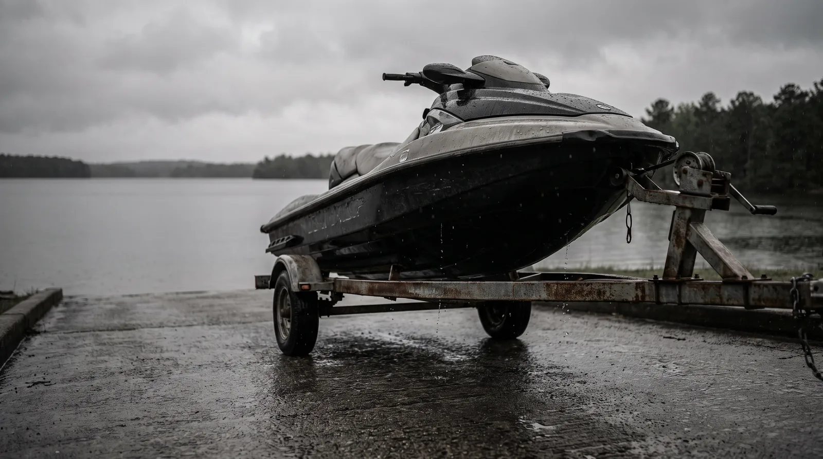 Ein Jetski steht auf dem Trailer am Kopf einer Betonrampe, vom Rumpf tropft Wasser