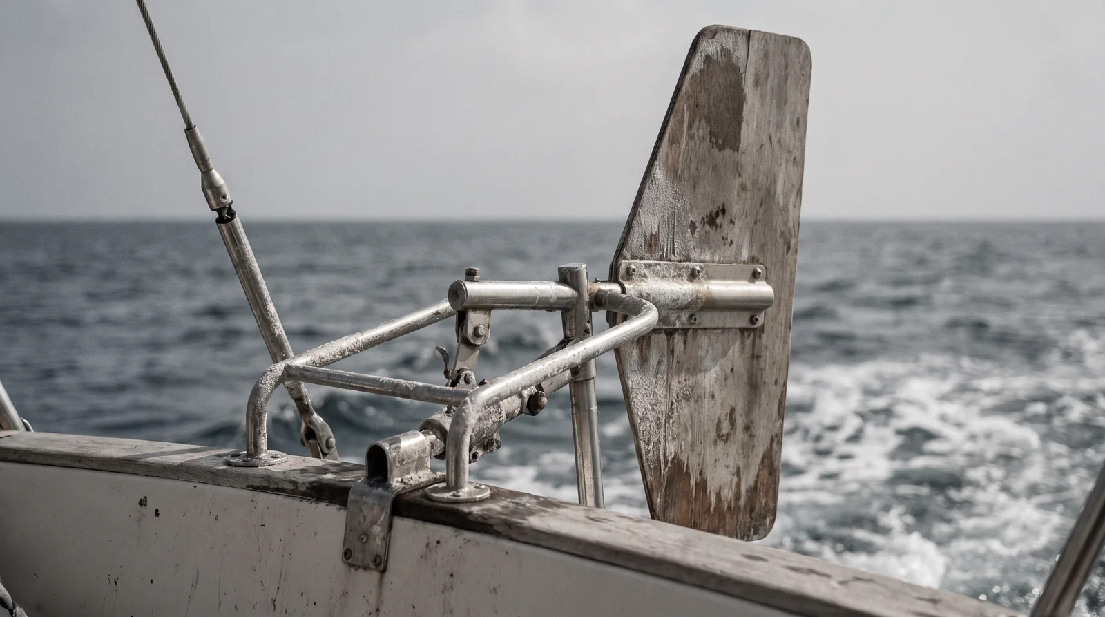 Eine Windfahnensteuerung am Heckspiegel einer Fahrtenyacht, dahinter offener Horizont