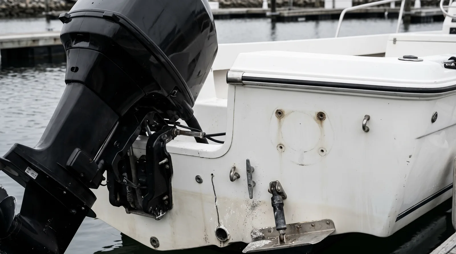 Der Heckspiegel eines weiß lackierten Motorboots mit einem neu montierten schwarzen Außenborder, daneben die alten, verschlossenen Bohrlöcher der früheren Halterung, dahinter ruhiges graues Hafenwasser im gedämpften Tageslicht