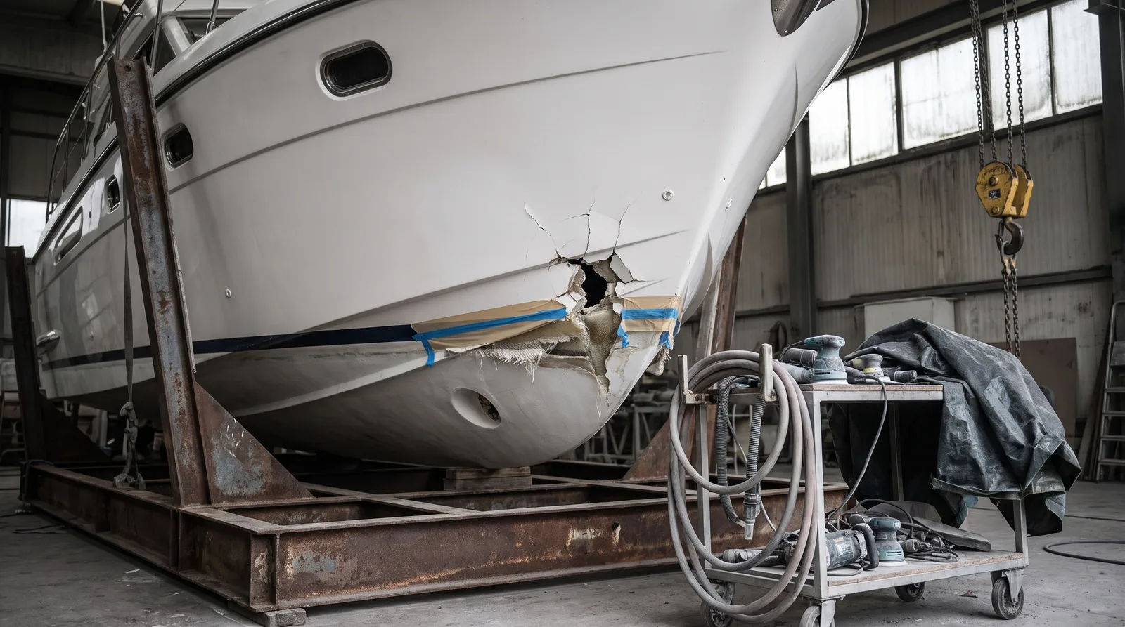 Ein weißes Motorboot auf einem rostigen Stahlbock in einer Werfthalle, am Bug ein Loch mit gesplittertem Gelcoat und abgeklebten Rändern, davor ein Werkstattwagen mit Schleifmaschinen und einer Plane, rechts ein gelber Kranhaken im gedämpften Tageslicht hoher Fenster