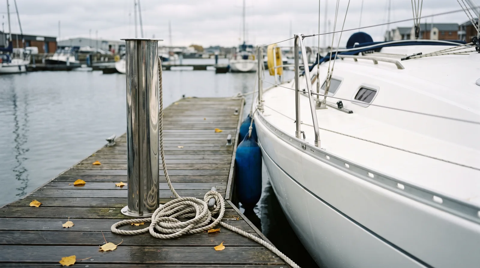 Ein nasser Holzsteg einer Marina bei bedecktem Tageslicht mit ein paar gelben Herbstblättern, ein blanker Edelstahlpoller und eine aufgeschossene Festmacherleine auf den Planken, rechts die gepflegte weiße Bordwand einer Segelyacht mit Relingsstütze, Seezaun und blauen Fendern, dahinter ruhiges graues Hafenwasser und weitere Boote an den Stegen