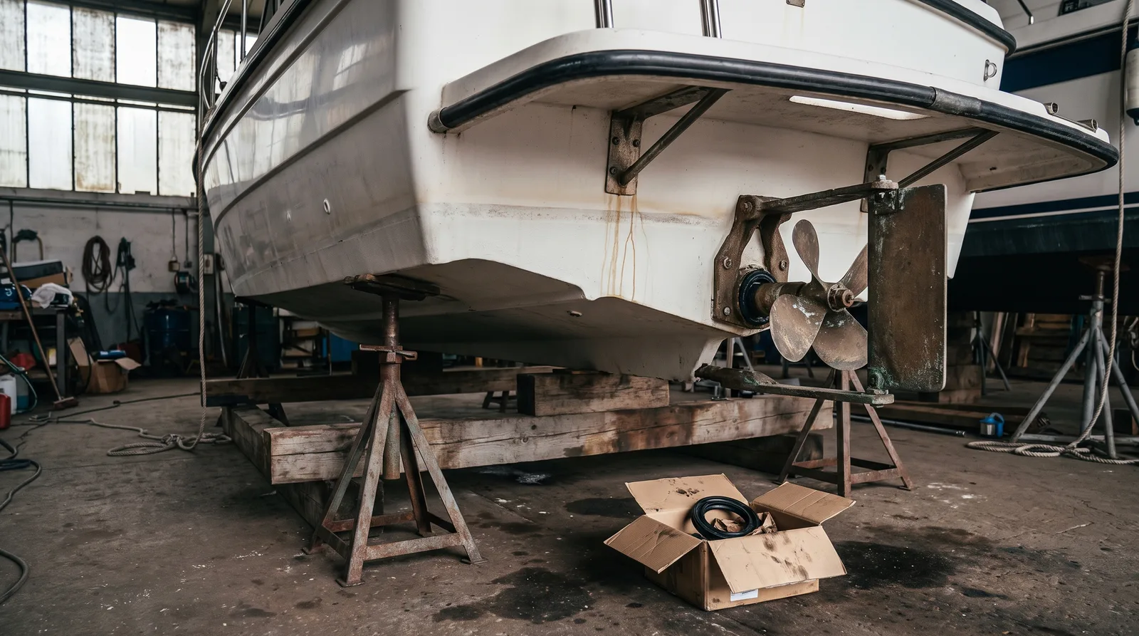 Das Heck eines gepflegten weißen Motorboots steht aufgebockt auf Holzbalken und rostigen Stahlstützen in einer Werfthalle mit hohen Fenstern, darunter Propellerwelle, Wellenbock, Propeller und Ruderblatt, am Rumpf unter der Welle ein paar getrocknete Wasserspuren, auf dem Betonboden davor ein offener Karton mit einem ausgebauten schwarzen Gummiteil