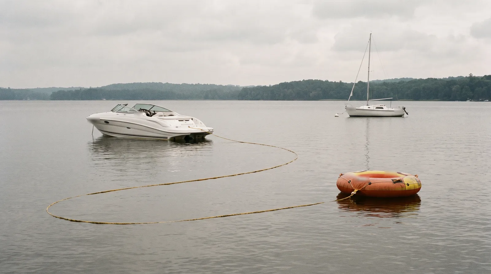Ein gepflegtes weißes Motorboot liegt still auf einem See unter bedecktem Himmel, von seinem Heck führt eine lange gelbe Schleppleine in einem weiten Bogen zu einer leeren orangegelben Tube auf dem Wasser, im Hintergrund ankert ein kleines weißes Segelboot vor bewaldetem Ufer