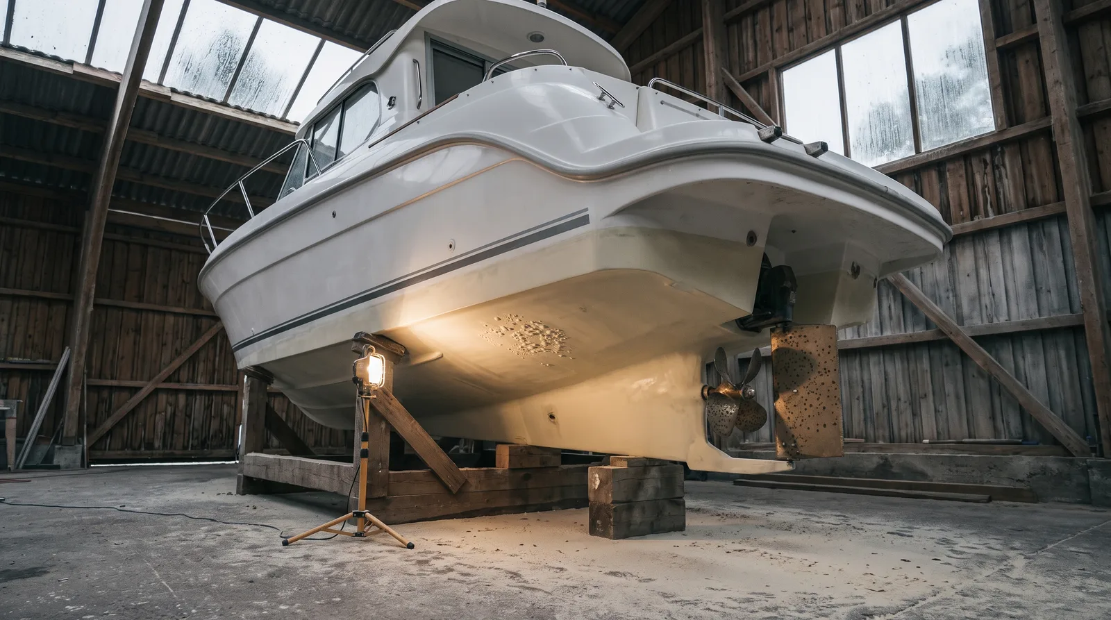Ein weißes Motorboot steht auf Holzböcken in einer Werfthalle, eine Arbeitslampe beleuchtet kleine Osmoseblasen am Rumpf unter der Wasserlinie, daneben Propeller und Ruder, Schleifstaub auf dem Boden, Regen auf dem Oberlicht