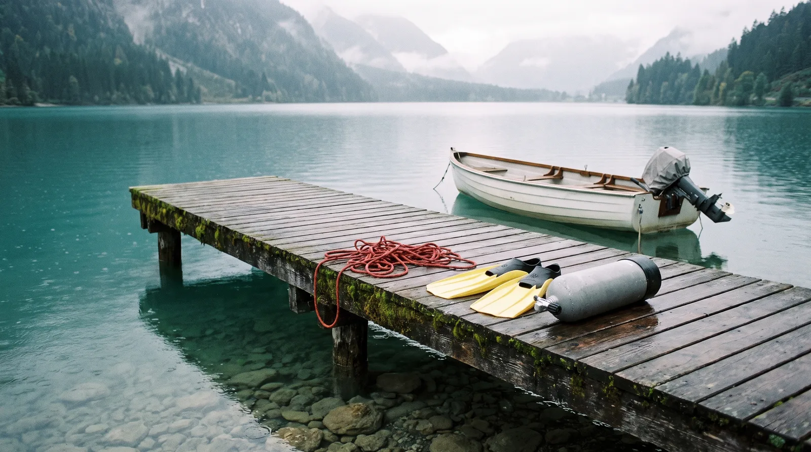 Ein nasser Holzsteg an einem klaren Alpensee im Oktober, auf den Planken eine rote Leine, gelbe Flossen und eine graue Tauchflasche, daneben ein kleines weißes Boot mit abgedecktem Außenborder, Berge im Nebel