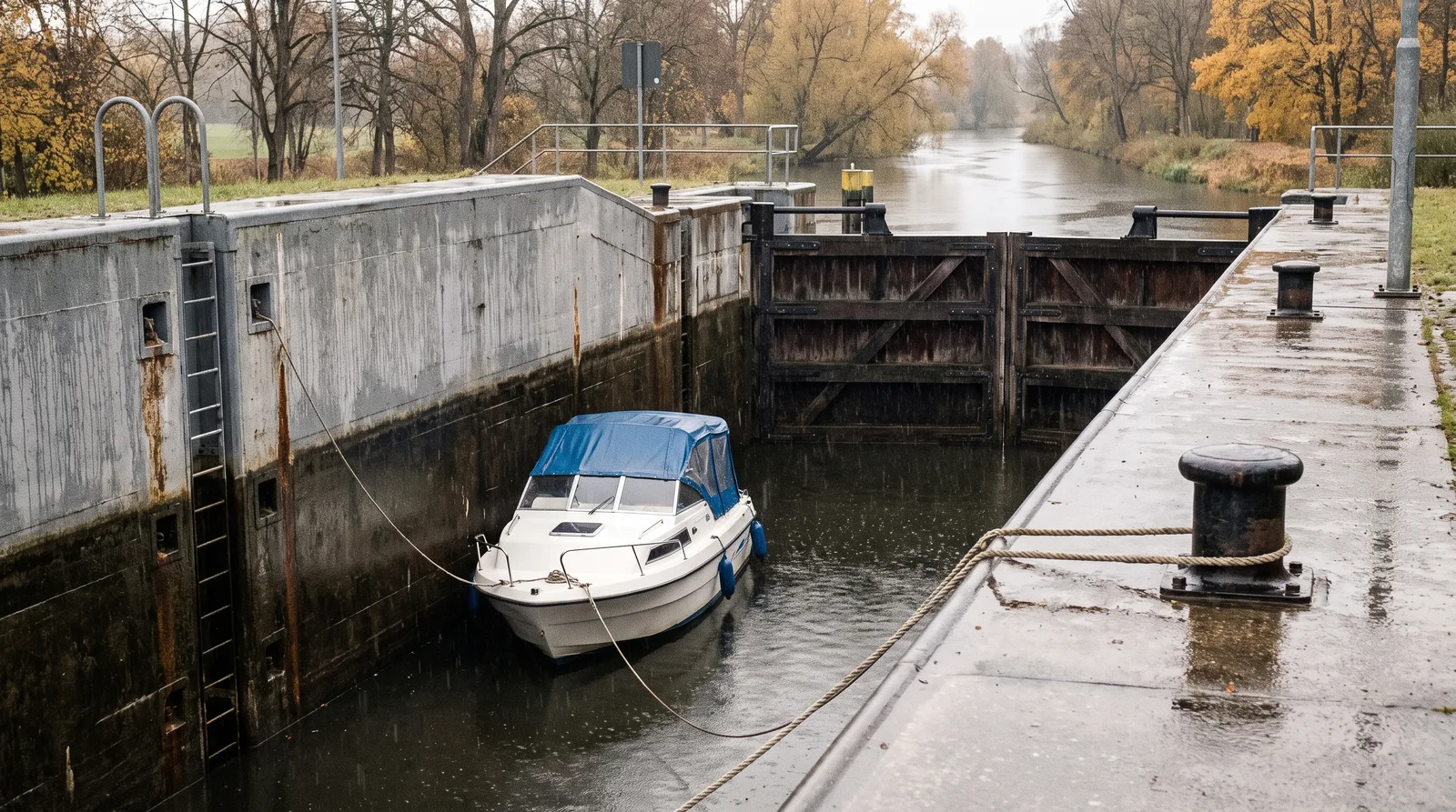 Eine Schleusenkammer an einem Fluss im Oktober bei Nieselregen, nasse Betonwände mit Leiter, ein gepflegtes weißes Motorboot mit blauem Verdeck an einer Leine, die um einen schwarzen Poller auf der Schleusenkante liegt, dahinter geschlossene Holztore und Herbstbäume
