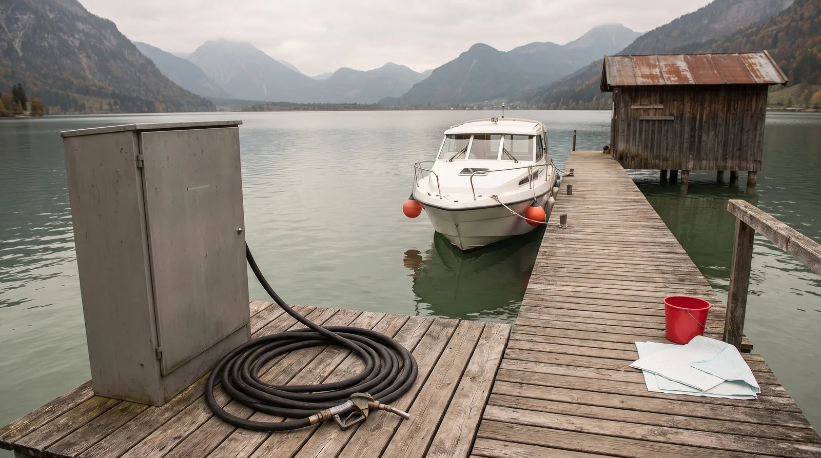 Ein hölzerner Tanksteg an einem See im Oktober, ein grauer Zapfsäulenschrank mit aufgerolltem schwarzem Tankschlauch, ein gepflegtes weißes Motorboot mit Fendern am Steg, ein roter Eimer und Ölbindetücher auf den Planken, dahinter ein Holzhäuschen mit Blechdach und Berge im Dunst