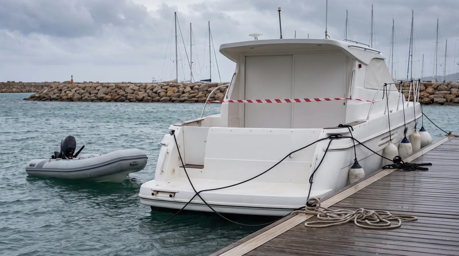 Ein weißes Motorboot an einem Holzsteg in einem Hafen auf Mallorca, ein rot weißes Absperrband über dem Cockpit, daneben ein graues Schlauchboot mit Außenborder, dahinter eine Mole aus Felsblöcken und Masten unter bedecktem Himmel
