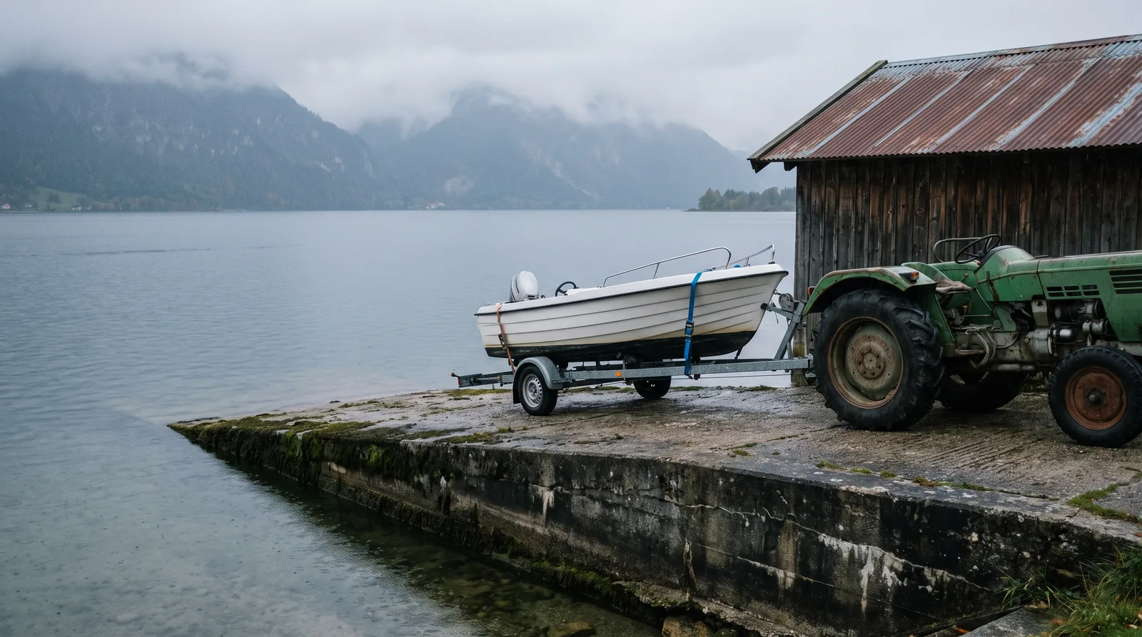 Eine Slipanlage aus Beton an einem Voralpensee im Herbst, ein kleines weißes Motorboot auf einem verzinkten Trailer mit blauem Spanngurt, daneben ein alter grüner Traktor vor einem Holzschuppen mit Wellblechdach, Berge im Dunst
