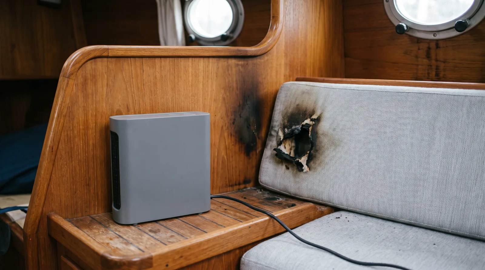 Salon einer Segelyacht im Herbst: ein graues Heizgerät auf der Teakablage, daneben ein Sitzpolster mit verkohltem Loch und Rußspuren am Holz, Licht fällt durch zwei Bullaugen