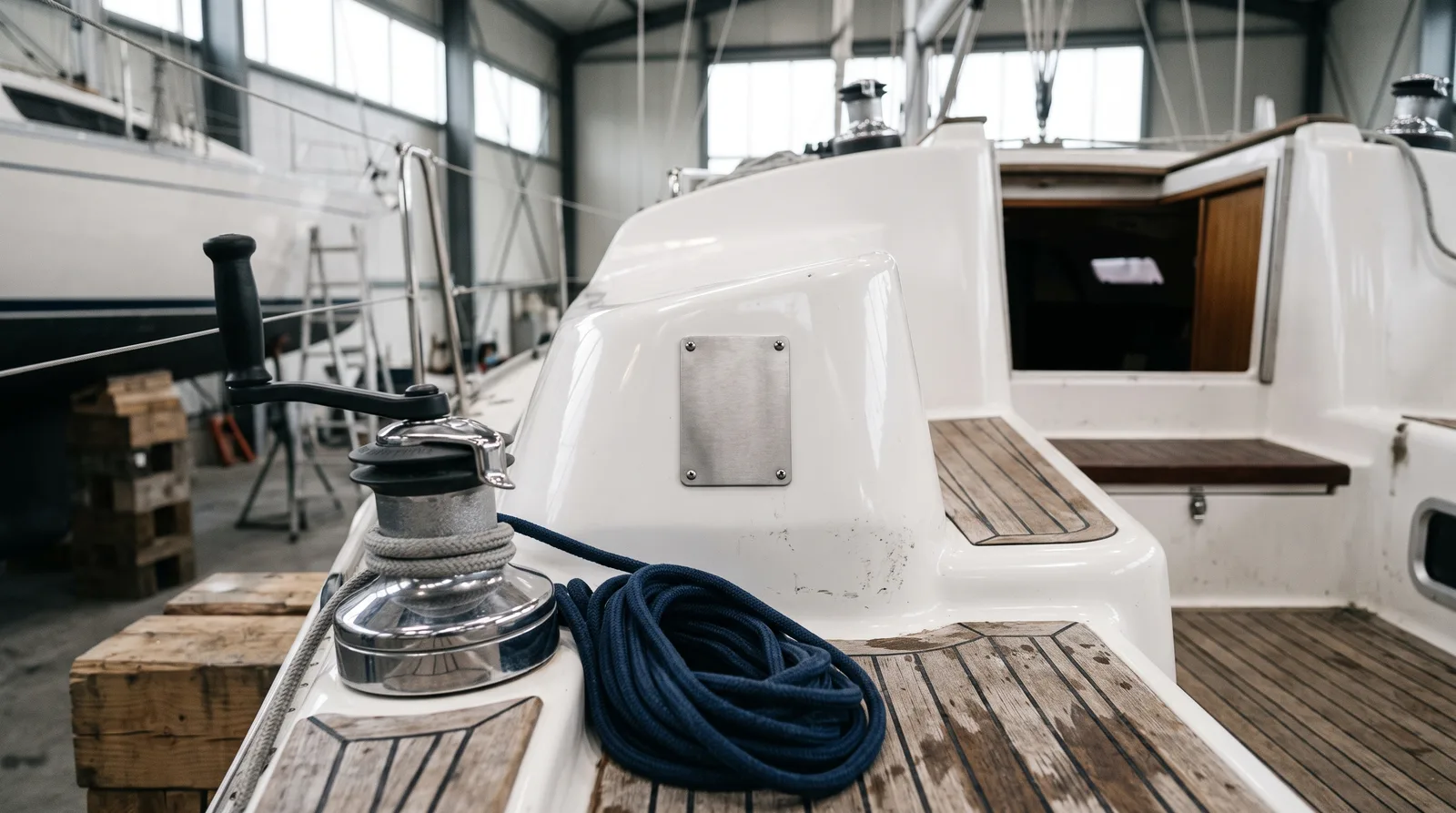 Cockpit einer gepflegten Segelyacht in einer hellen Werfthalle: Winsch mit aufgeschossener blauer Leine im Vordergrund, dahinter ein leeres Edelstahlschild am Niedergang