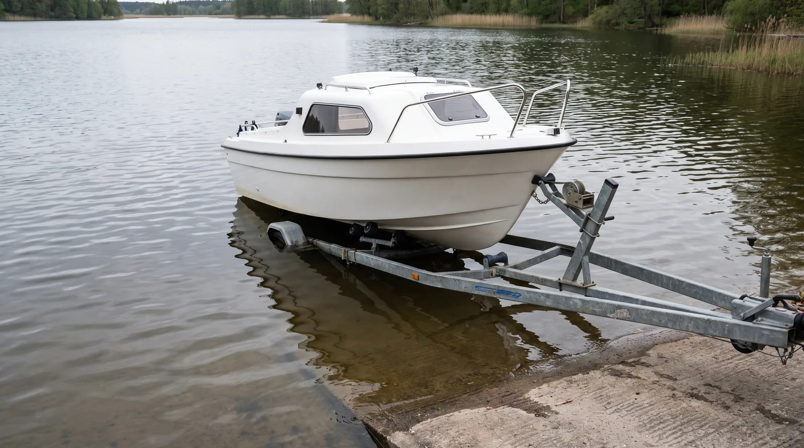 Ein kleines Motorboot wird an einer Slipanlage vom Trailer ins Wasser eines Sees gelassen.