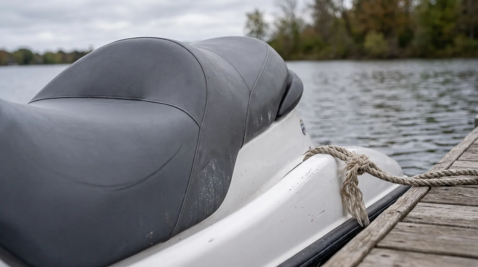 Nahaufnahme von Sitzbank und Rumpf eines modernen Jetskis am Holzsteg, ruhiges Wasser im Hintergrund.