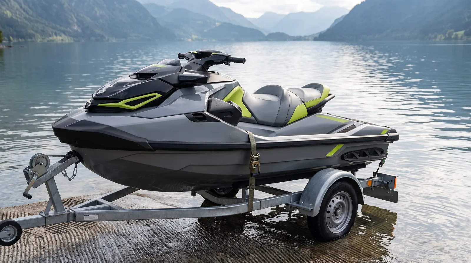 Ein weißer Jetski mit Spanngurt auf einem Trailer an einer Slipanlage an einem Bergsee.