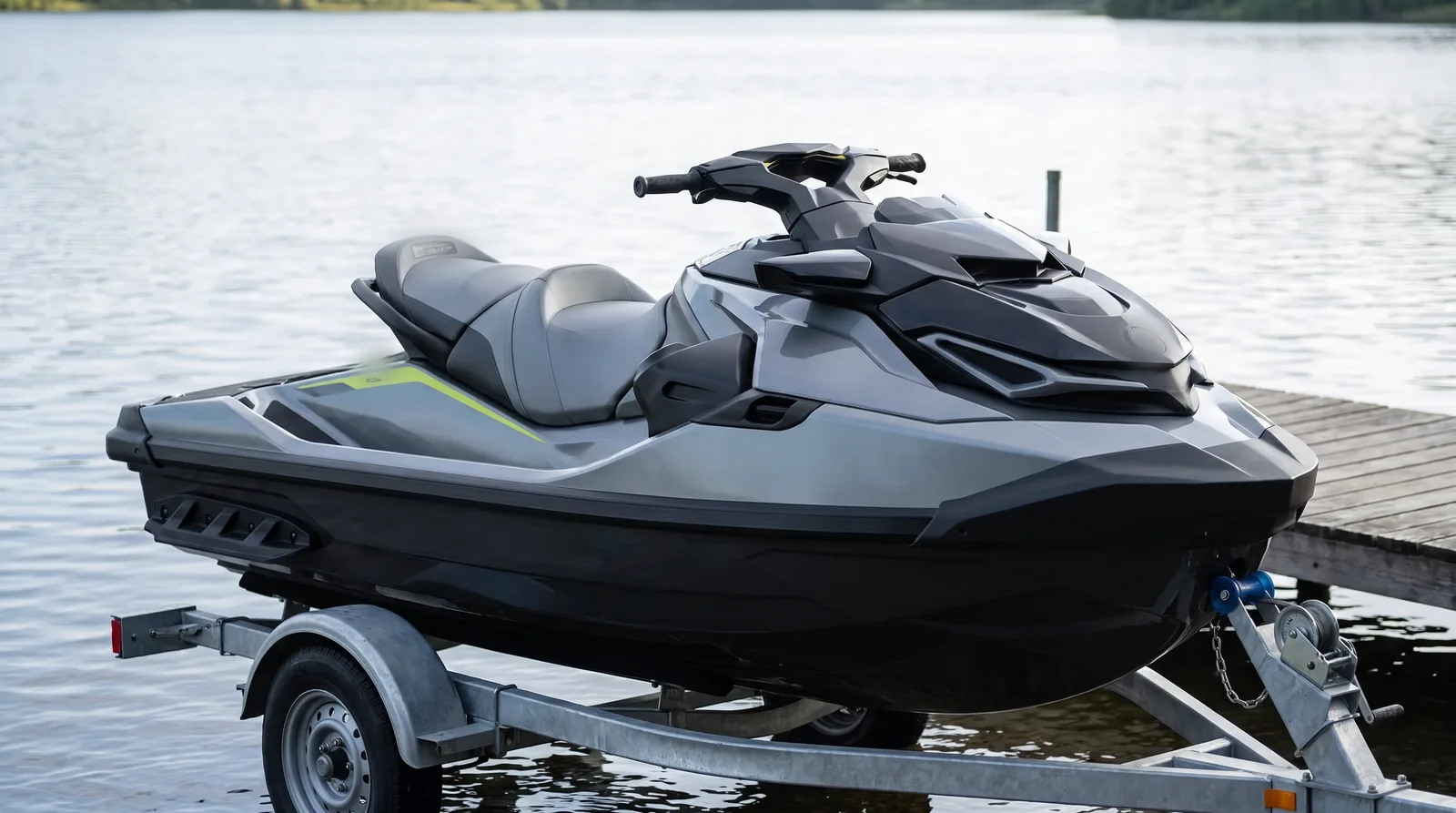 Ein moderner weißer Jetski auf einem verzinkten Trailer am Holzsteg eines ruhigen Sees, bedecktes Tageslicht.