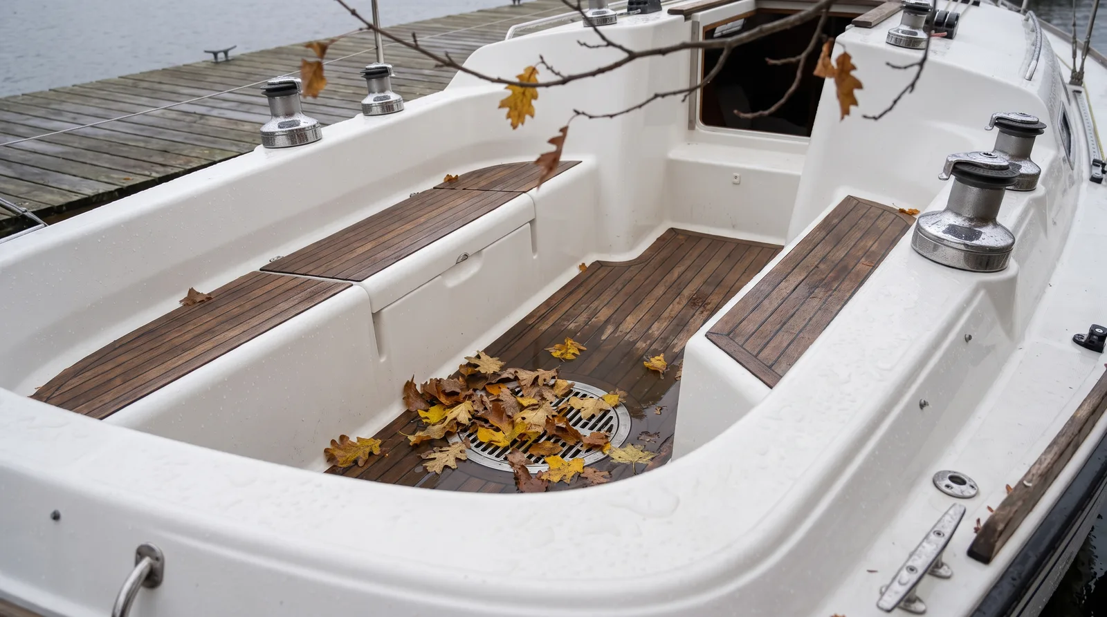 Offenes Cockpit einer weißen Segelyacht am Holzsteg im Herbst: der runde Bodenablauf ist mit nassem gelbem und braunem Laub bedeckt, Teakboden und Winschen glänzen vom Regen, oben hängt ein fast kahler Zweig