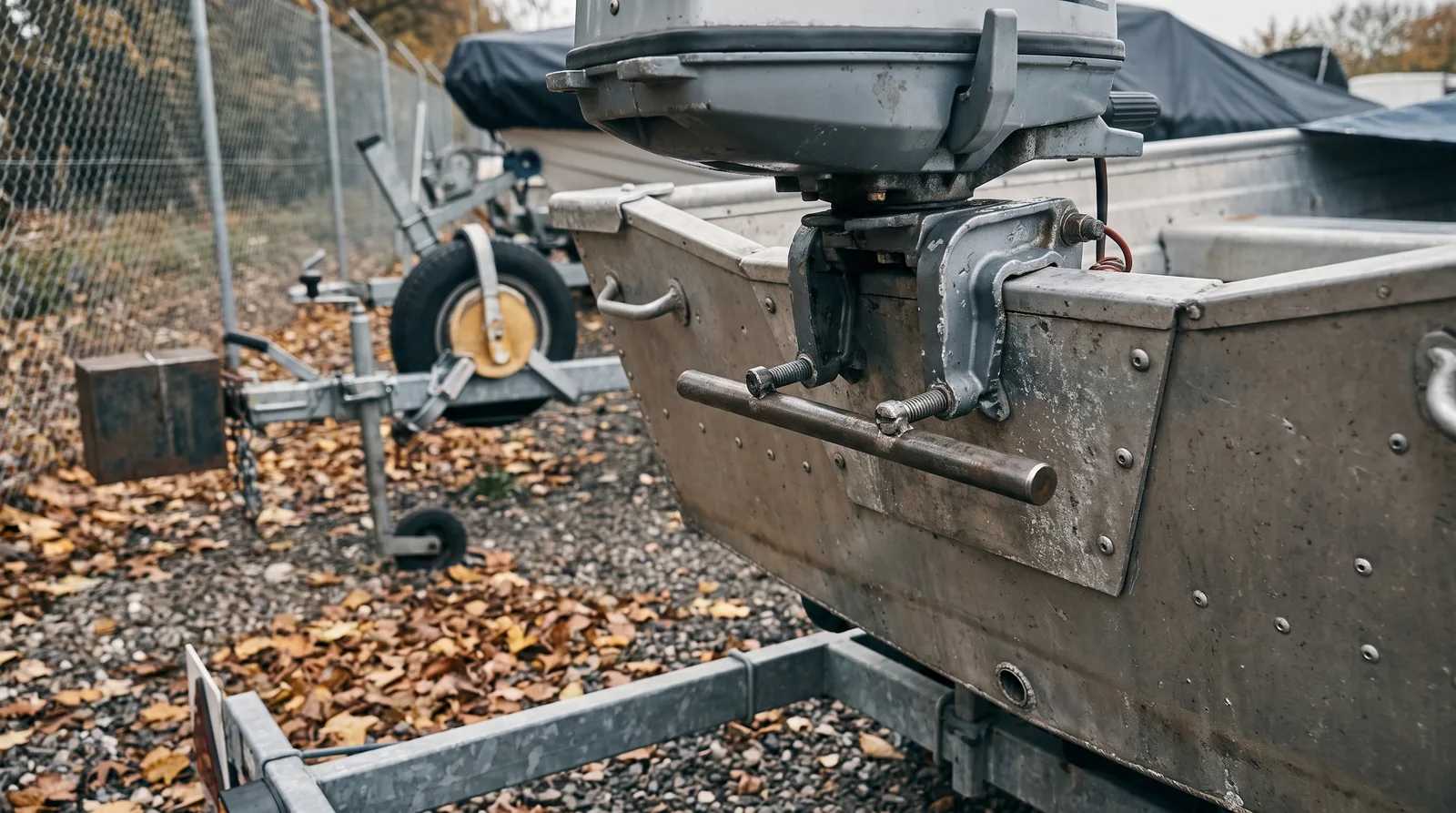 Die Klemmschrauben eines grauen Außenbordmotors am Spiegel eines Aluminiumboots, durch beide Griffe eine Stahlstange als Sicherung, dahinter auf Kies mit Herbstlaub ein Trailer mit Radkralle, ein Maschendrahtzaun und abgedeckte Boote