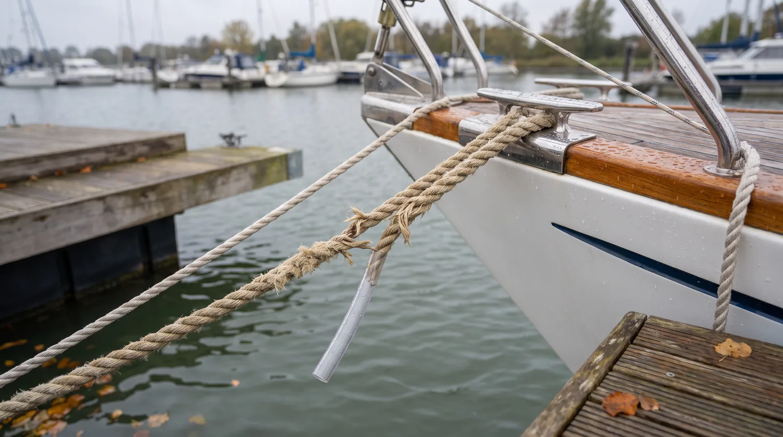 Bug einer weißen Segelyacht am Holzsteg im Herbst: eine dicke Festmacherleine läuft über eine Edelstahlklampe und ist an einer Stelle stark aufgescheuert, ein klarer Scheuerschlauch ist heruntergerutscht und hängt lose, daneben eine zweite, intakte Leine, im Hintergrund unscharf ein Hafen mit Booten