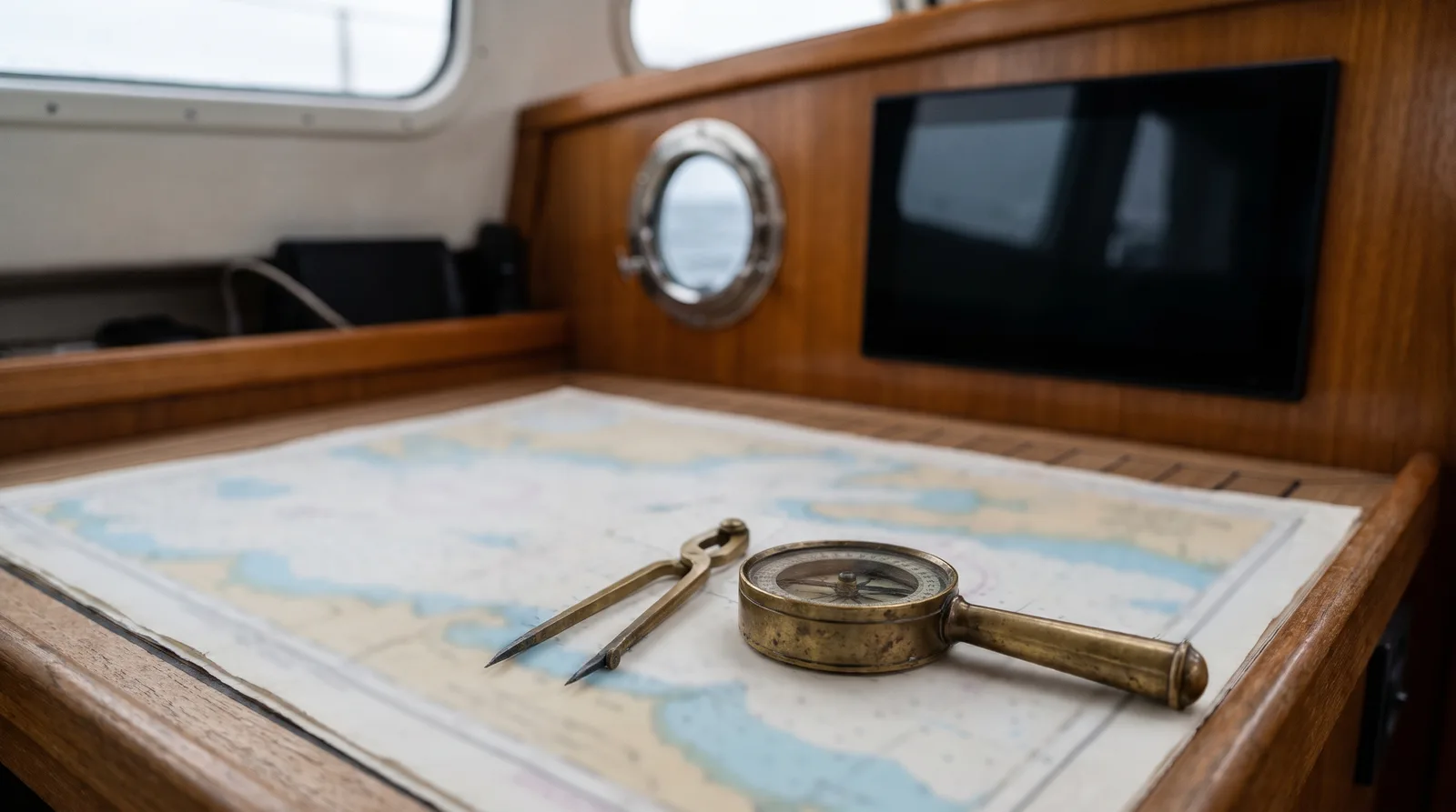 Kartentisch einer Segelyacht aus Teakholz: auf einer unscharfen Papierseekarte liegen ein alter Handpeilkompass aus Messing und ein Stechzirkel, dahinter ein dunkler, ausgeschalteter Bildschirm und ein Bullauge mit grauer See