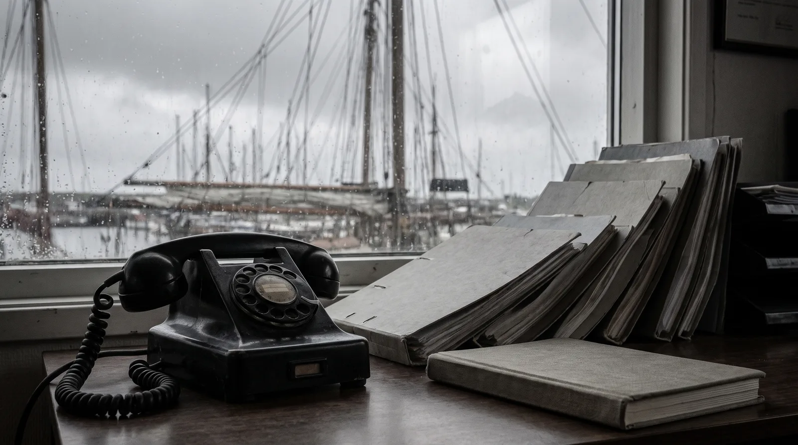 Ein altes Telefon mit Spiralkabel und ein Stapel grauer Akten auf dem Schreibtisch eines Hafenbüros, im Fenster unscharf die Masten von Segelyachten