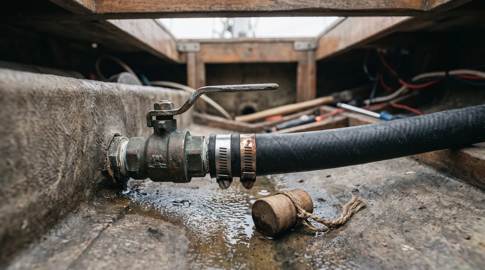 Ein Seeventil aus Bronze mit Hebel in der Bilge eines Bootes, daran ein schwarzer Schlauch mit zwei Schellen, eine davon angerostet, darunter eine Wasserpfütze und ein Holzpfropfen an einer Schnur