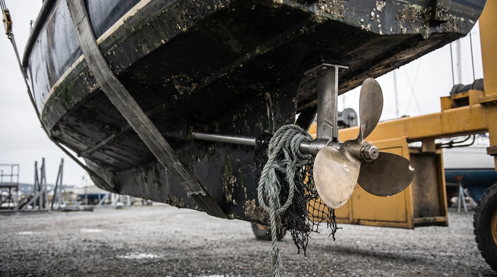 Das Heck eines Motorboots in den Gurten eines Bootskrans, darunter ein Bronzepropeller an einer Edelstahlwelle, um die Welle eine graugrüne Leine und ein schwarzer Netzrest gewickelt, Wasser tropft auf den Schotter der Werft