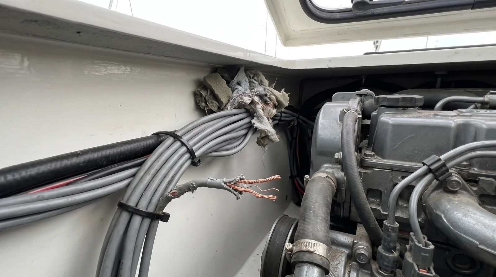 Maschinenraum einer gepflegten Segelyacht im Winterlager: ein grauer Kabelstrang neben dem Dieselmotor, eine Leitung bis auf die Kupferlitzen angenagt, dahinter ein Nest aus zerrupftem Schaumstoff und Fasern, Tageslicht fällt durch eine offene Luke.