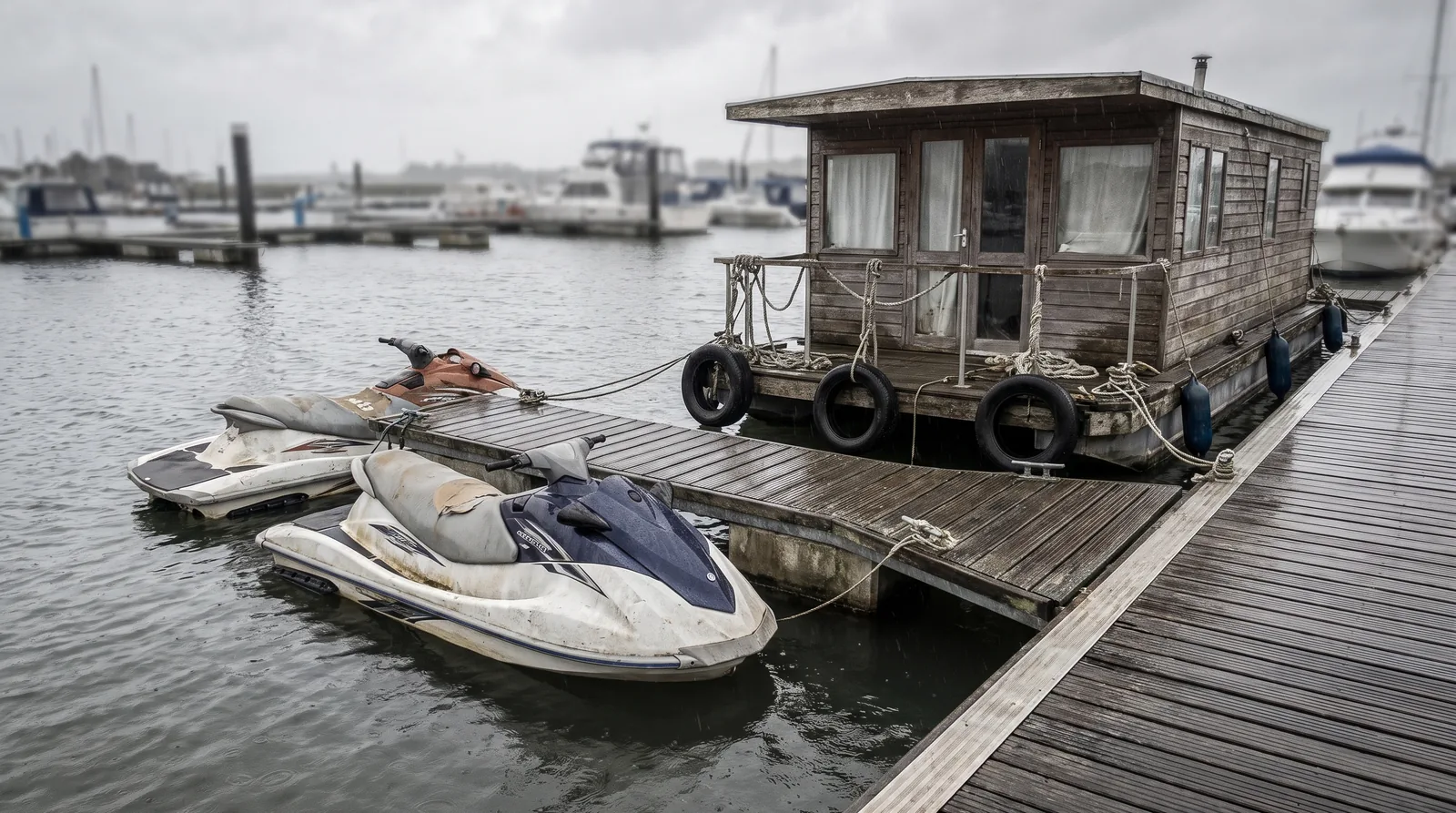Zwei Jetskis und ein Hausboot liegen am selben hölzernen Steg