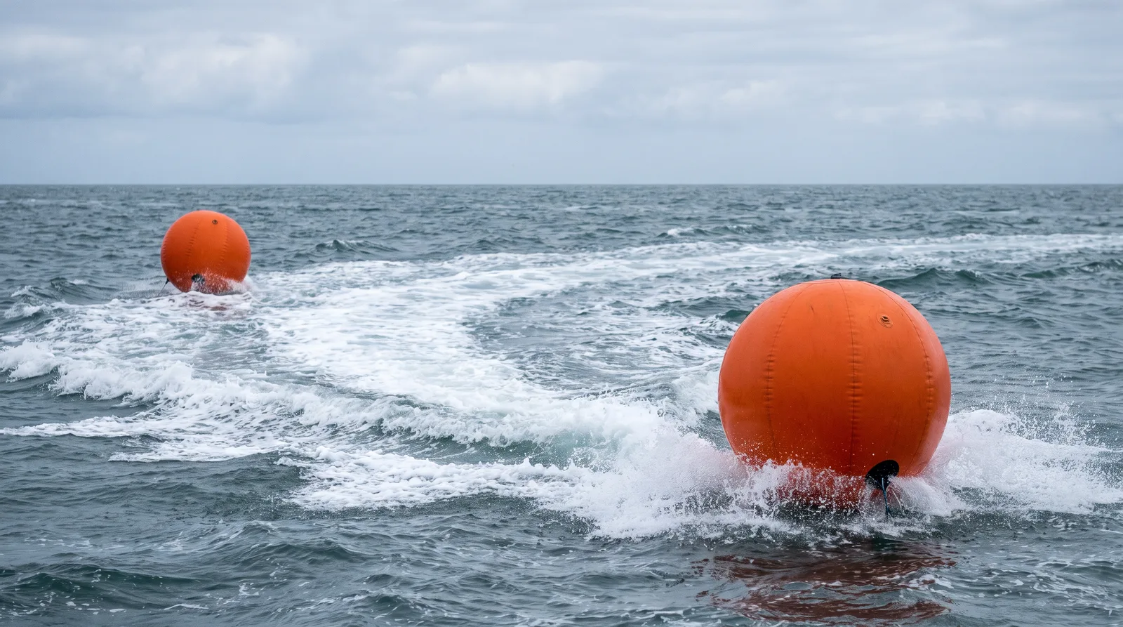 Zwei orange Wendemarken im bewegten Wasser, dazwischen die Schaumspur eines schnellen Bootes