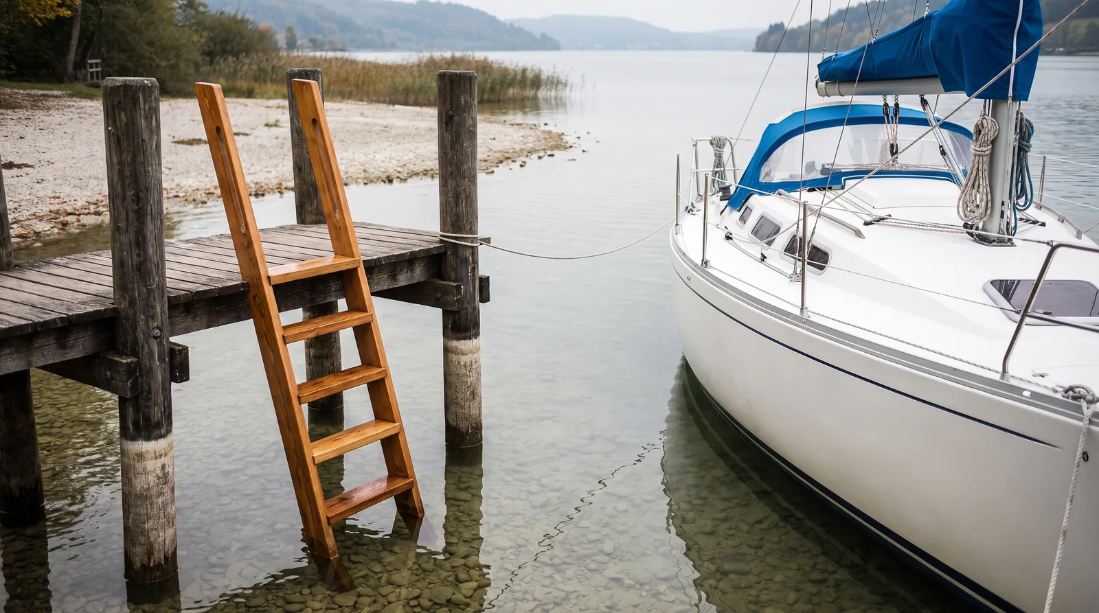 Weiße Segelyacht mit blauer Persenning an einem Holzsteg in sehr flachem, klarem Wasser, der Kiesgrund ist zu sehen, an den Stegpfählen ein heller Streifen über der Wasserlinie, dahinter Kiesufer, Schilf und ein ruhiger See