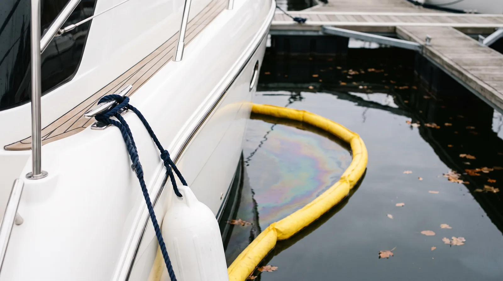 Weiße Motoryacht am Steg, daneben ein schillernder Dieselfilm auf dem dunklen Hafenwasser, eingefasst von einer gelben schwimmenden Ölsperre
