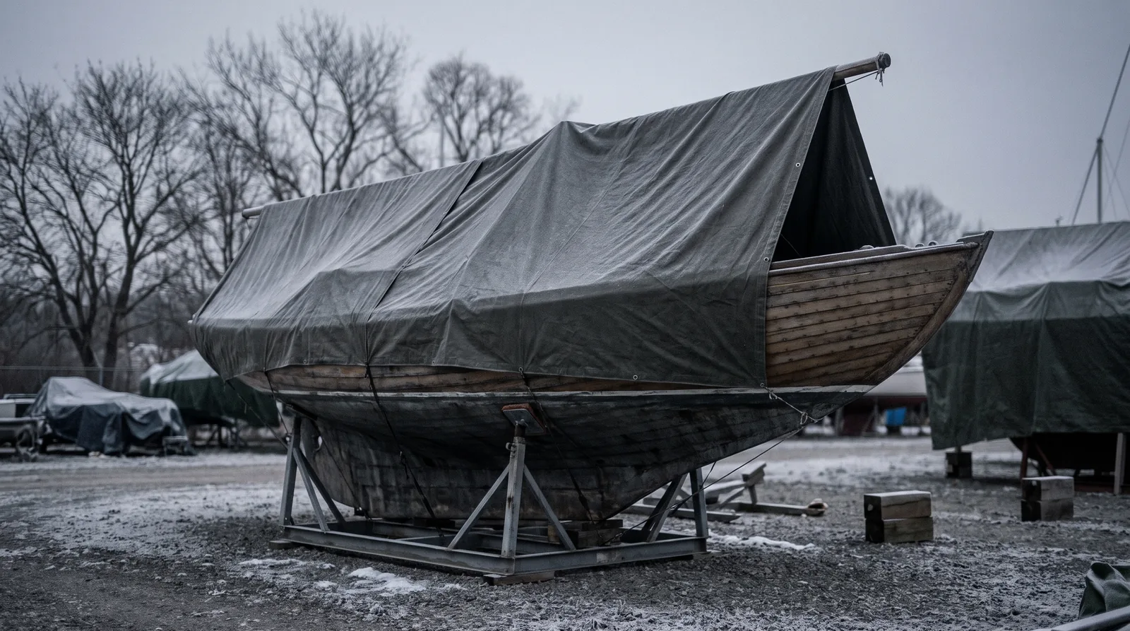 Ein Segelboot im Winterlager unter einer Persenning mit Firstgestänge, Frost auf dem Bootsbock