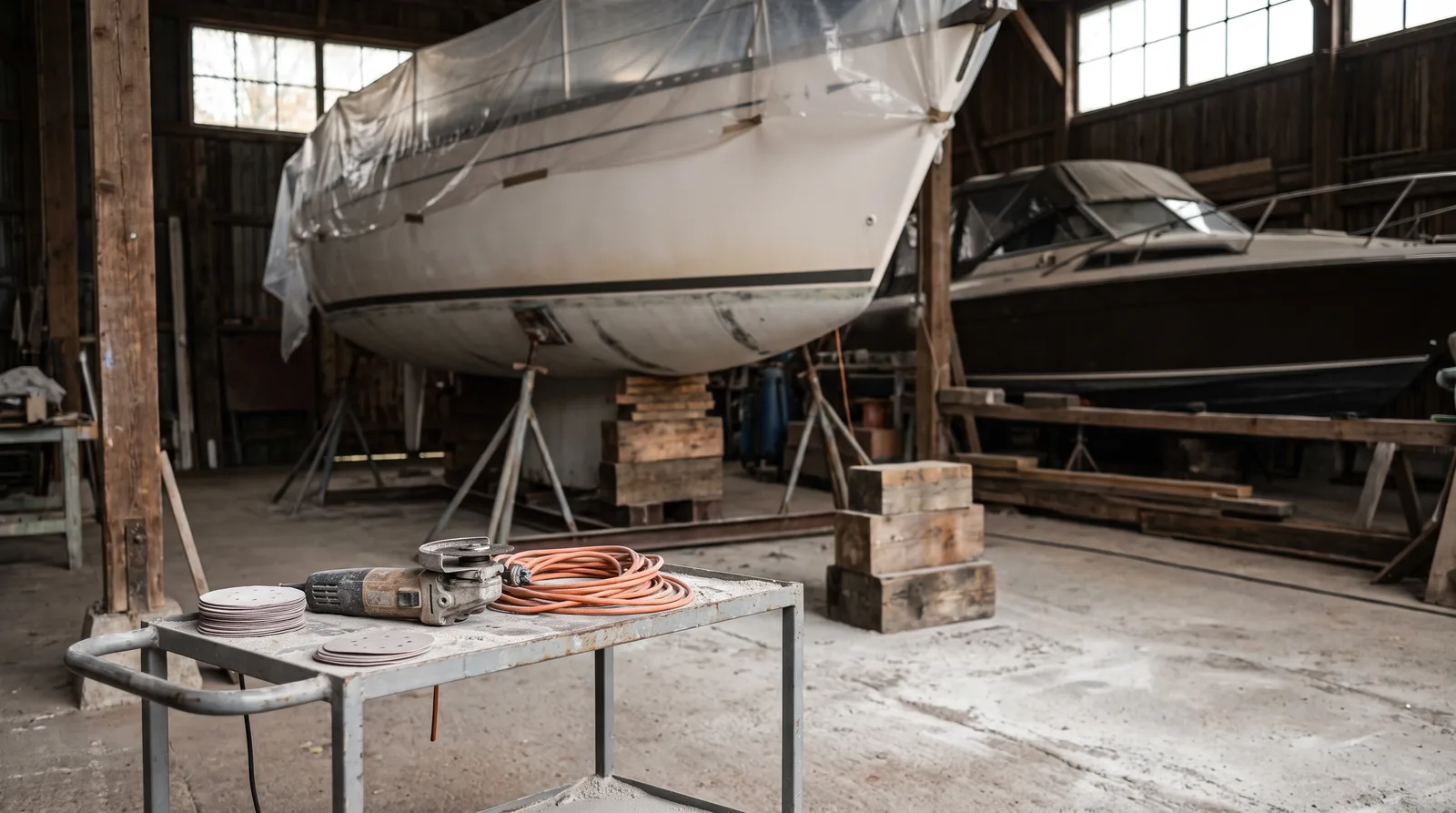 Werfthalle im Herbst: eine Segelyacht steht mit Folie abgedeckt auf Stahlstützen und einer Pallung aus Kanthölzern, davor ein Werkstattwagen mit Winkelschleifer, aufgerolltem orangem Verlängerungskabel und Schleifscheiben, Schleifstaub auf dem Betonboden, dahinter ein Motorboot mit Persenning