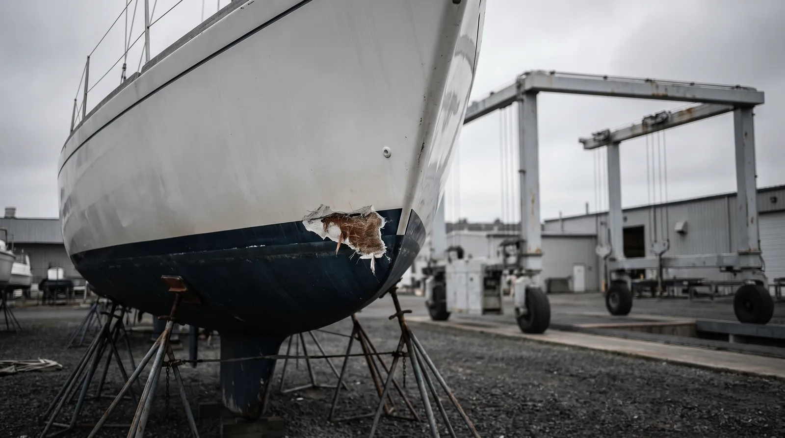 Der Bug einer weißen Segelyacht auf Pallböcken im Winterlager, an der Wasserlinie ein frischer Riss mit freiliegenden Glasfasern, dahinter ein Bootskran