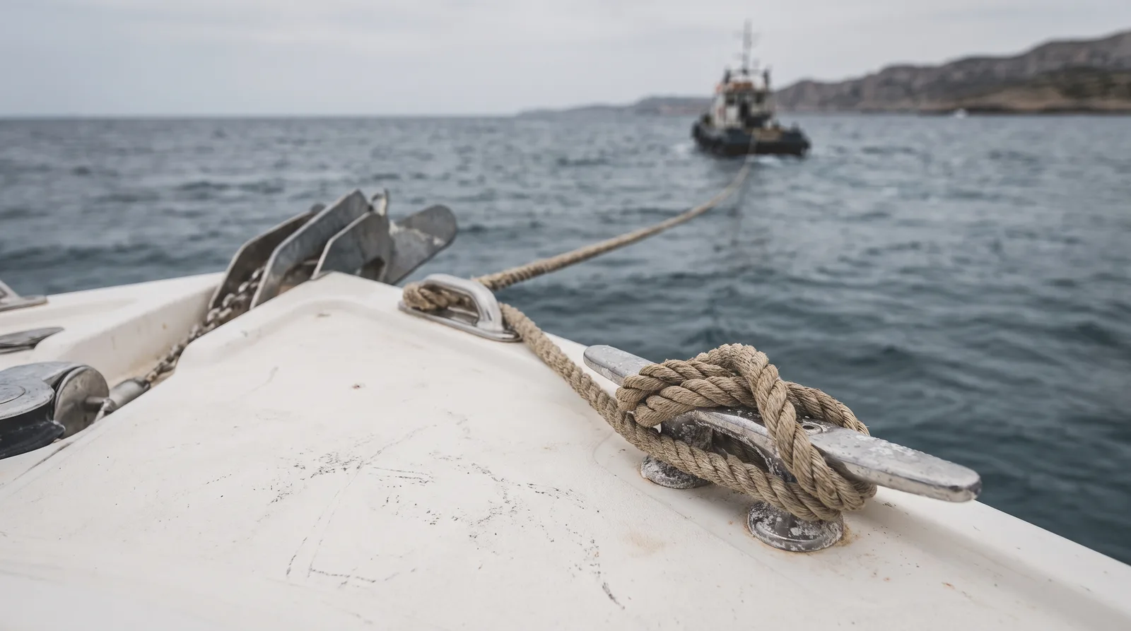 Das Vordeck einer weißen Motoryacht auf See, eine Schleppleine aus Tauwerk ist auf einer Edelstahlklampe belegt und läuft straff über die Klüse zu einem kleinen Arbeitsboot vor einer felsigen Küste unter bedecktem Himmel