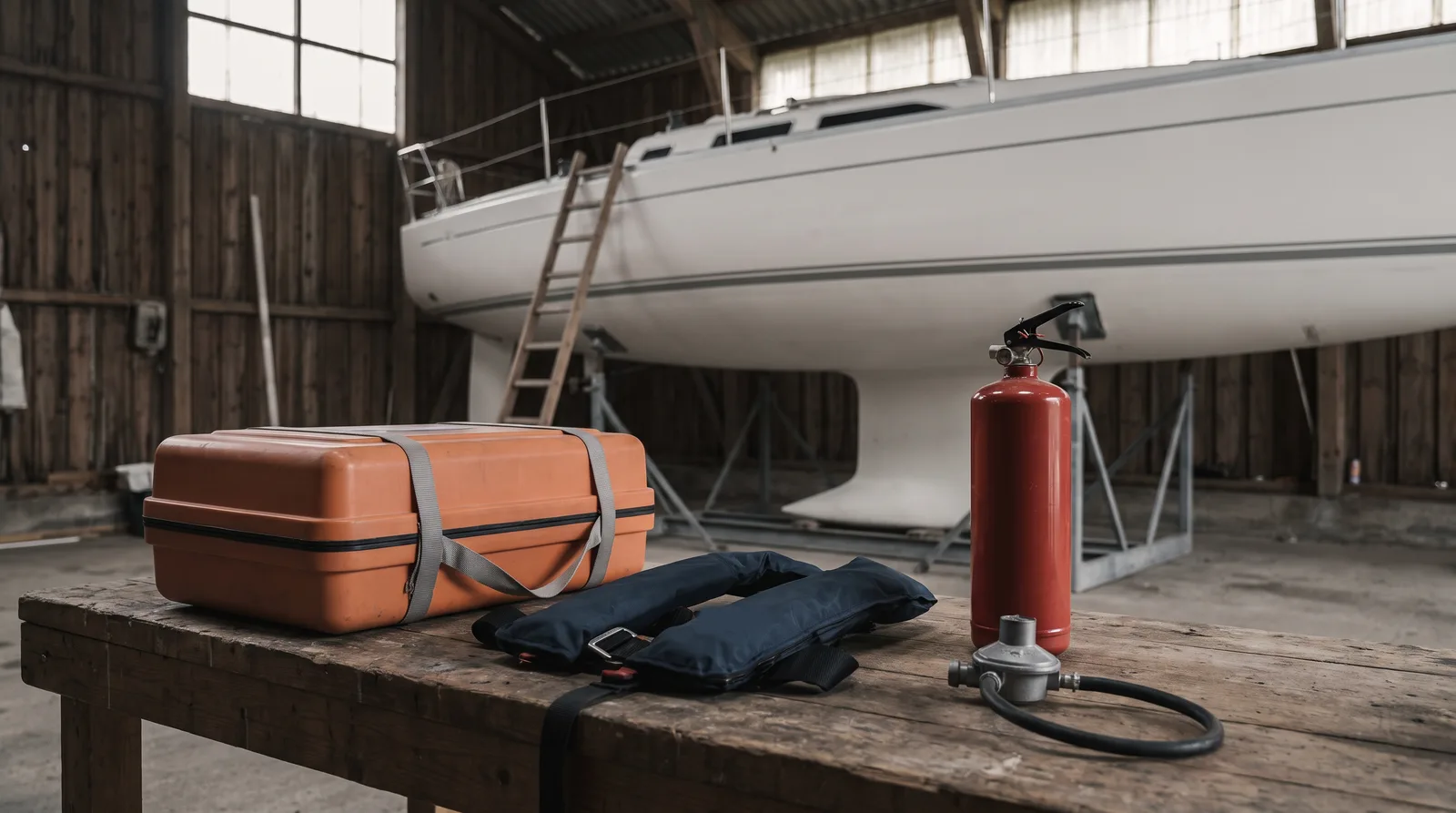 Orangefarbener Rettungsinselcontainer mit grauen Gurten, zwei zusammengelegte dunkelblaue Automatikwesten, ein roter Feuerlöscher und ein Gasdruckregler mit Schlauch auf einer Holzwerkbank, dahinter eine weiße Segelyacht auf Stahlböcken in einer Holzhalle