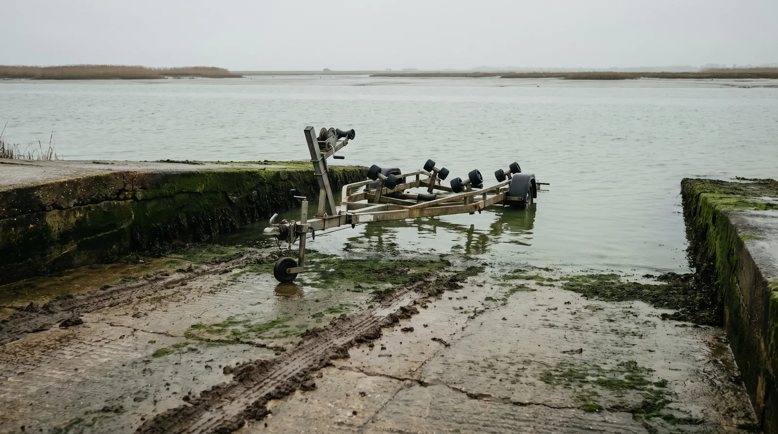 Ein leerer Bootstrailer steht halb im Wasser auf einer algigen Betonrampe