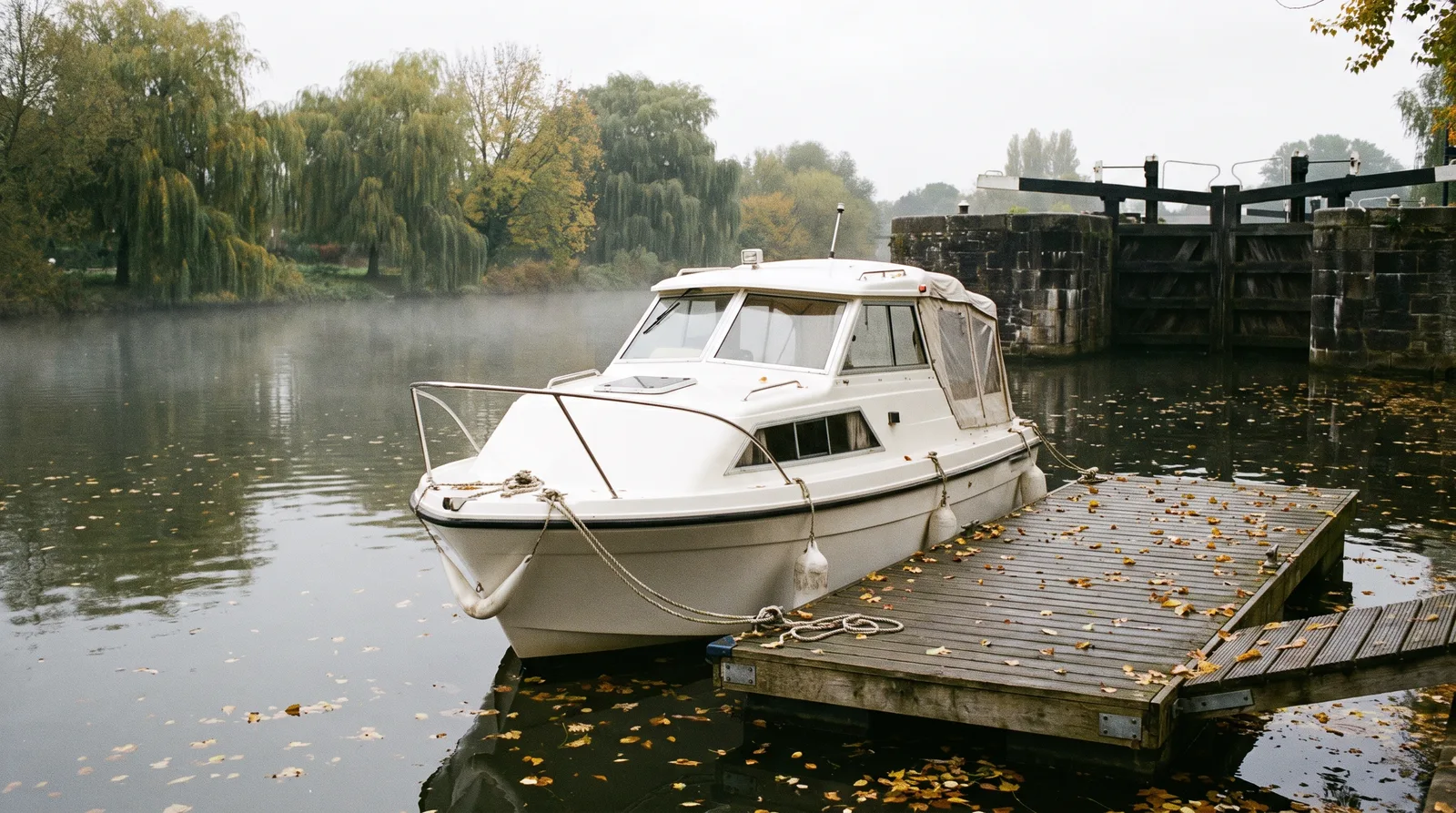 Ein gepflegtes weißes Kajütboot mit Steuerhaus liegt an einem hölzernen Wartesteg vor einer geschlossenen alten Steinschleuse, Herbstlaub auf den Planken und auf dem Wasser, leichter Nebel und Trauerweiden am Ufer