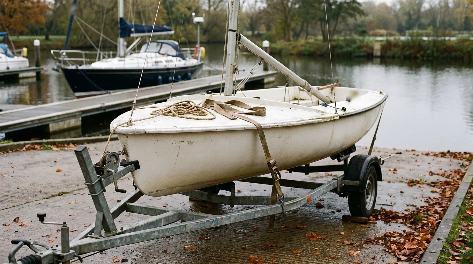 Eine weiße Segeljolle mit stehendem Mast auf einem verzinkten Straßentrailer oben an einer nassen Slipanlage im Herbst, auf dem Vordeck eine aufgeschossene Leine und ein loser Spanngurt, dahinter unscharf eine Segelyacht mit dunklem Rumpf am Steg