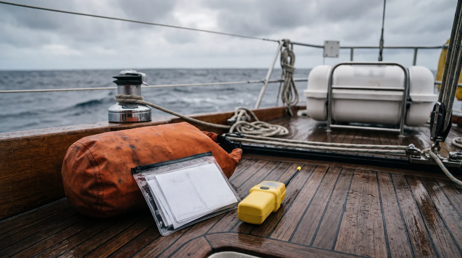 Nasses Teakdeck im Cockpit einer Segelyacht auf offener See: eine orange wasserdichte Notfalltasche, eine durchsichtige Dokumententasche mit Papieren und eine gelbe Seenotfunkbake, dahinter eine Rettungsinsel im Edelstahlgestell am Heck und graue Dünung unter Wolken.