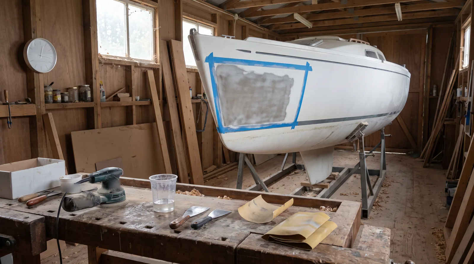 Eine weiße Segelyacht auf Stahlböcken in einer Holzwerkstatt, am Bug eine geschliffene Reparaturstelle mit blauem Klebeband, vorn eine Werkbank mit Exzenterschleifer, Spachteln, Schleifpapier und Mischbecher, an der Wand eine Uhr