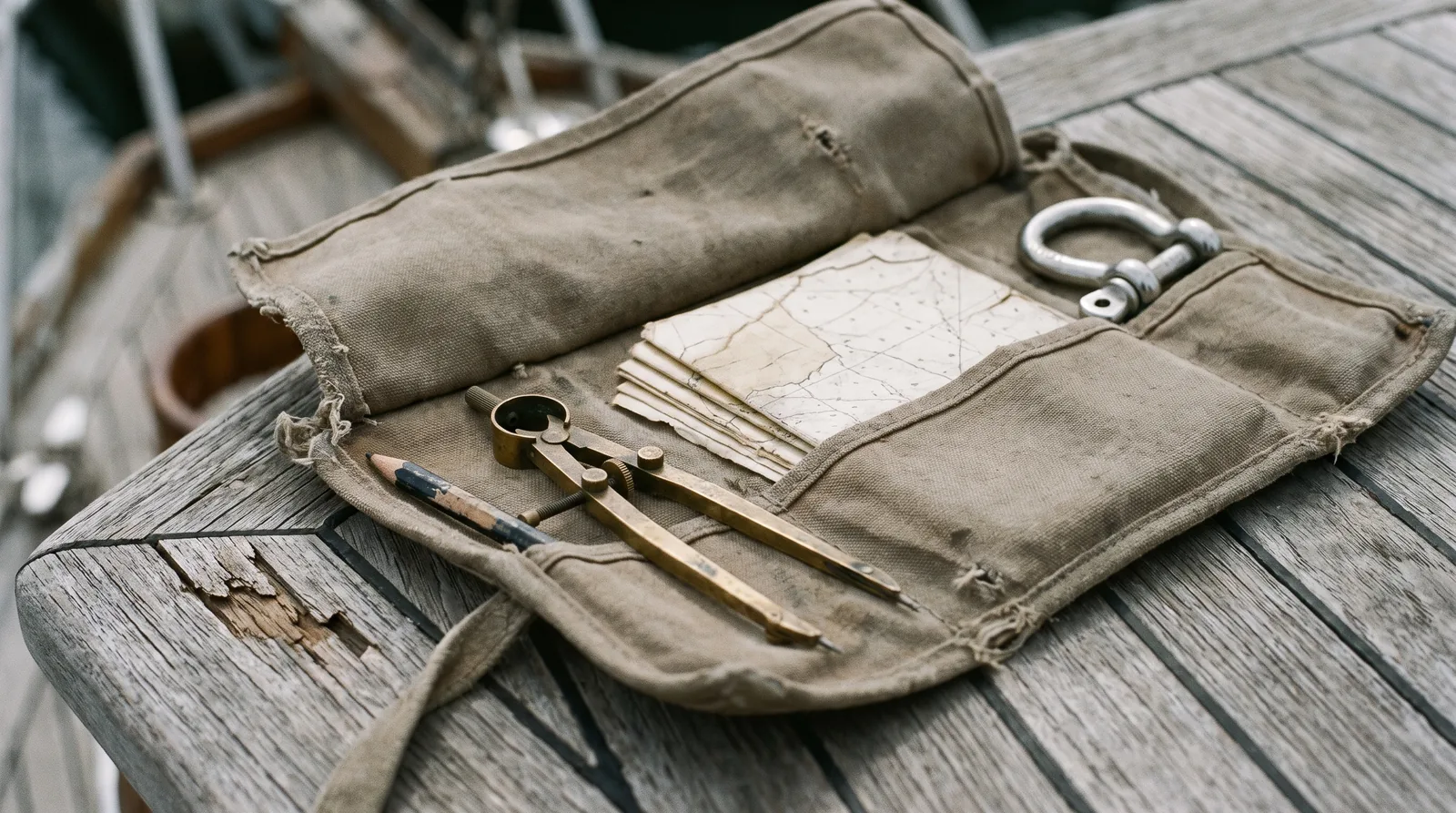 Eine aufgerollte Werkzeugtasche auf einem Teakdeck, daneben Stechzirkel und eine gefaltete Karte