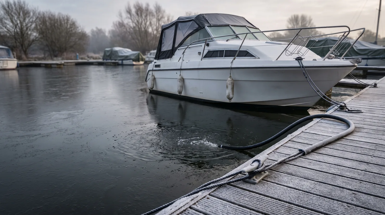 Weißes Motorboot mit Persenning im Winter an einem Holzsteg: dünnes Eis auf dem dunklen Wasser, ein schwarzer Schlauch einer Eisfreihalteanlage blubbert neben dem Rumpf, Raureif auf Steg und Leinen, dahinter kahle Bäume und abgedeckte Boote