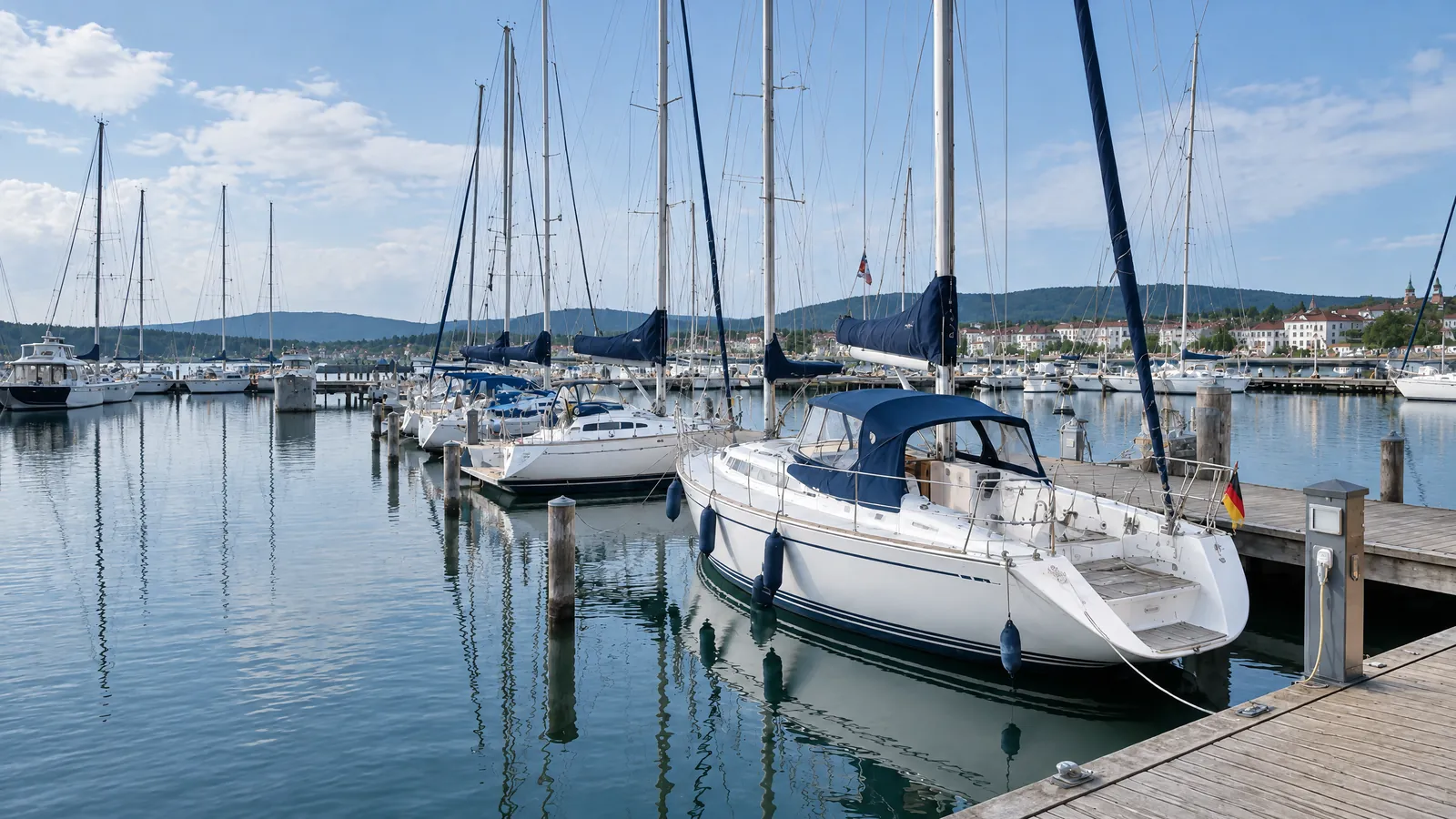 Segelyachten am beleuchteten Steg einer Marina in der Abenddämmerung