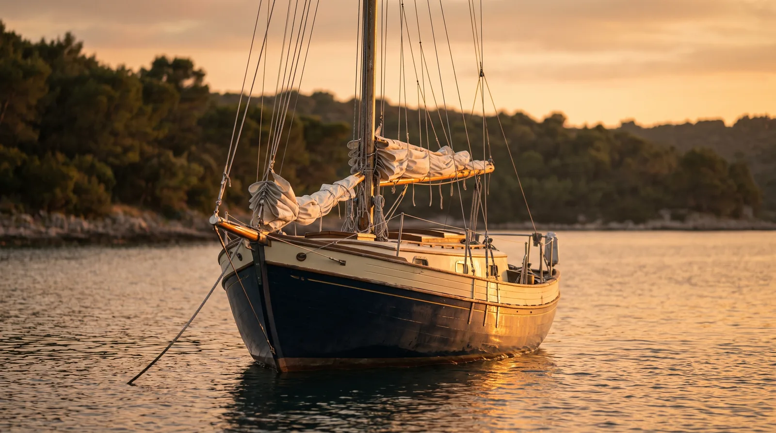Ein Segelboot liegt im Abendlicht vor Anker in einer stillen Bucht