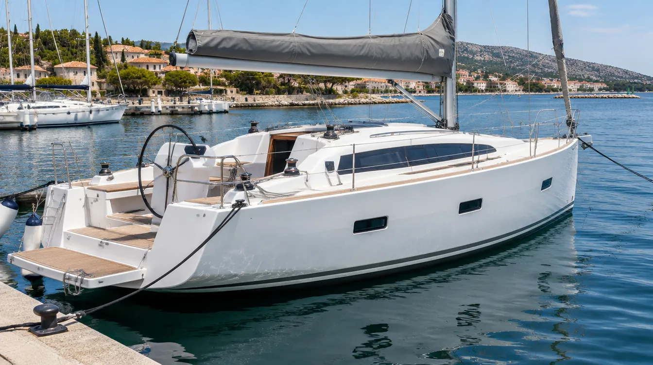 Weiße Fahrtenyacht von zehn Metern mit Radsteuerung und Badeplattform am Steg einer Marina.