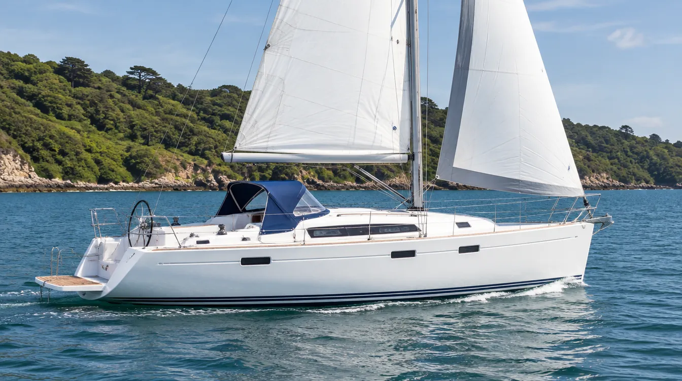 Fahrtenyacht von rund zehn Metern mit blauer Sprayhood unter Segeln vor grüner Küste.