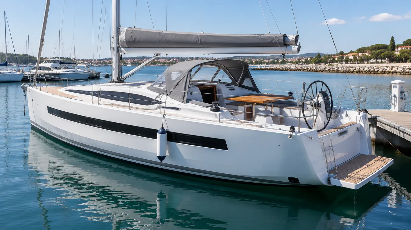 Zwölf Meter lange Fahrtenyacht mit großem Steuerrad und Sprayhood am Fingersteg.