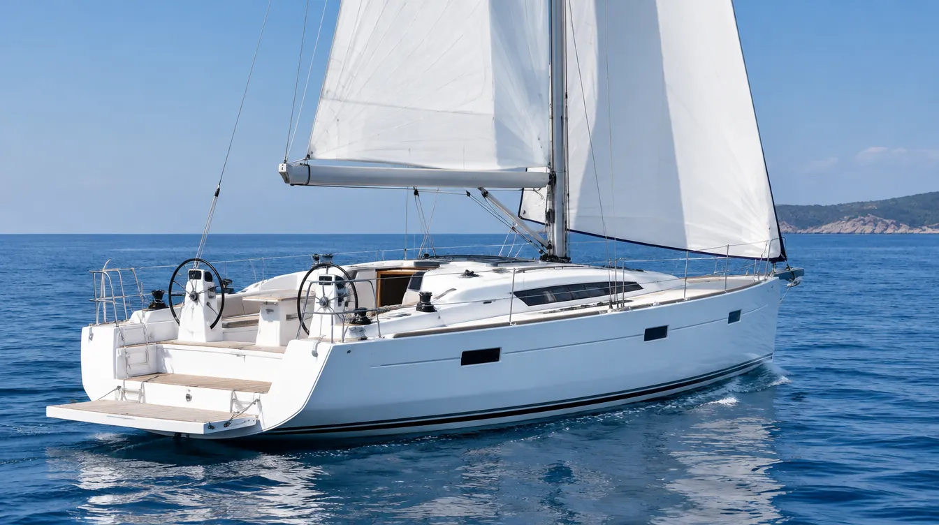 Fahrtenyacht mit zwei Steuerrädern und breitem Heck unter Segeln auf ruhiger See.
