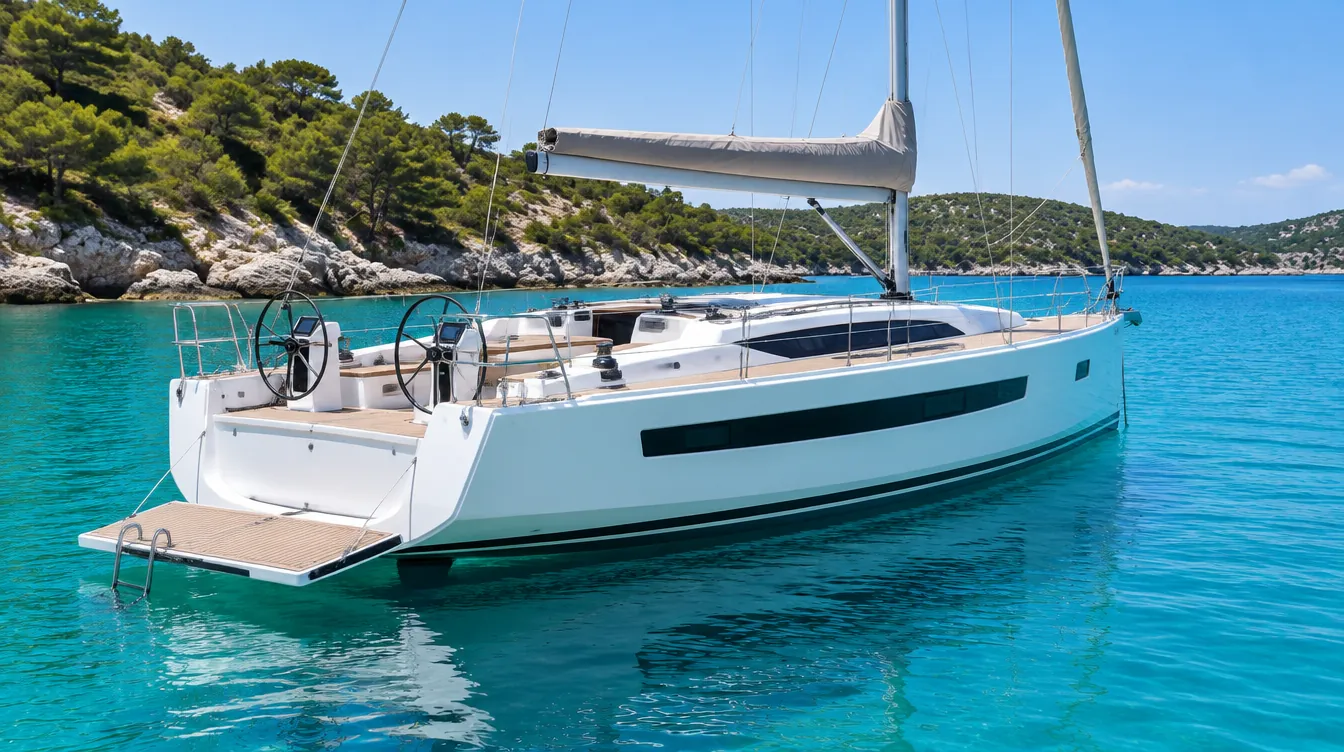 Moderne Fahrtenyacht mit Fensterband im Rumpf und abgeklappter Badeplattform in einer Bucht.